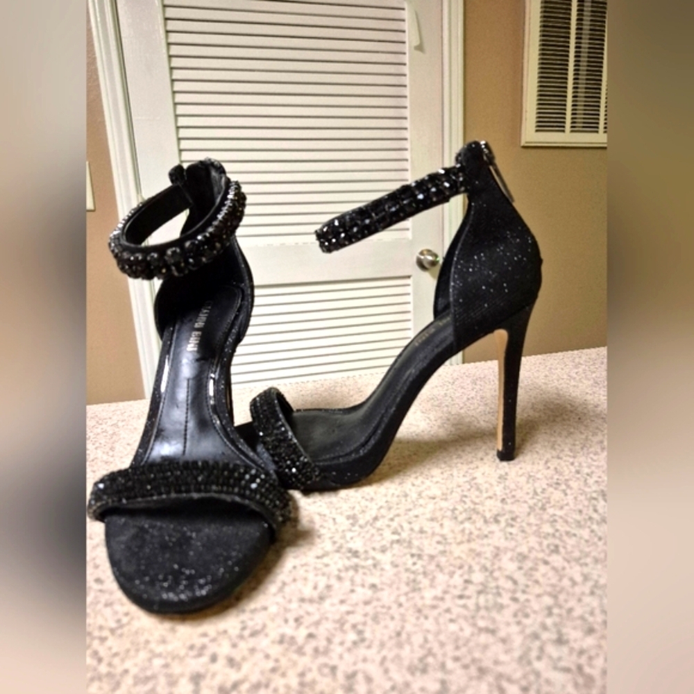 Black Beaded Ankle-Strap High Heel Sandals
